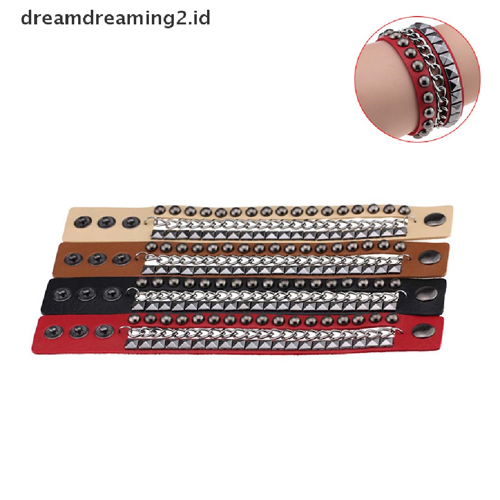 (hot) Multilayers Rivet Rantai Gothic Punk Manset Lebar Kulit Bangle Gelang Perhiasan//