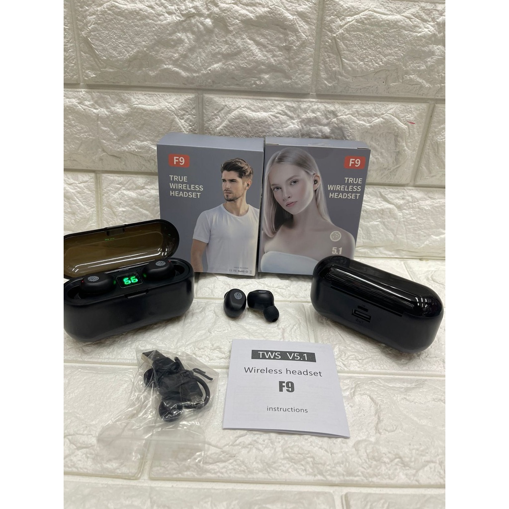 Headset Wireless HF Bluetooth TWS F9 + Powerbank