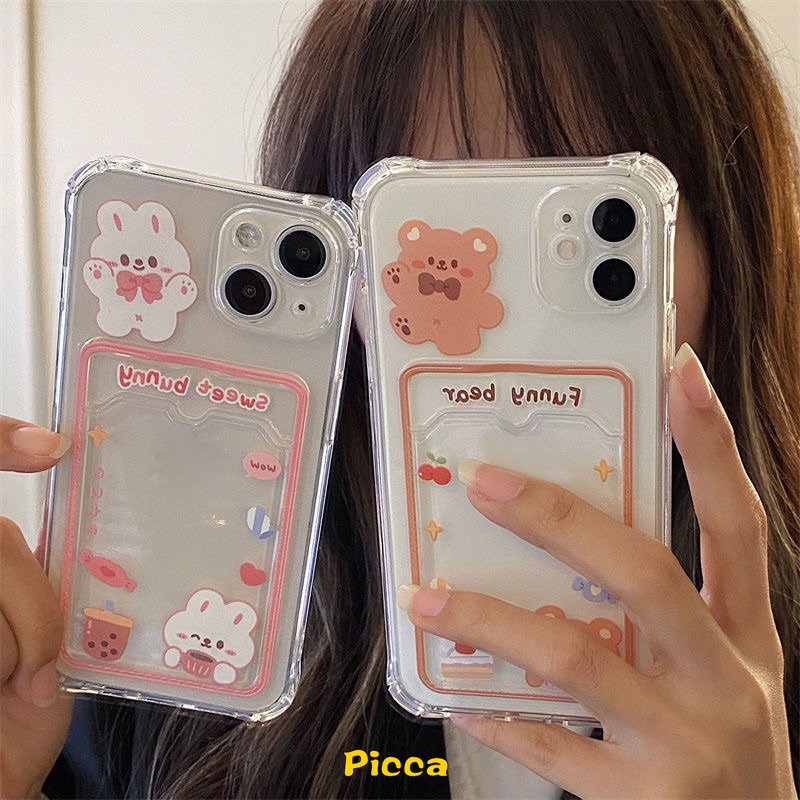 Case Tempat Kartu Beruang Imut Sweet Bunny Redmi A1 9 10 10C 9A 9C NFC Redmi Note11 10 10s 9 Pro Note9 Mi 12 12x11 Lite POCO M3 POCO X3 Pro NFCWallet Slot Clear Soft Cover