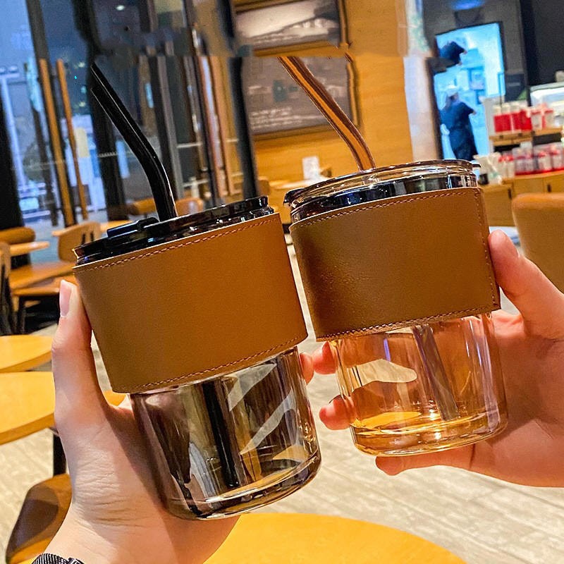 Ins Style Gelas Kaca Dengan Sedotan Portabel Bentuk Bambu Gelas Air Kopi Susu 450ml