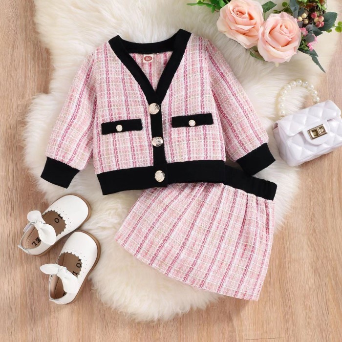 Setelan Rajut Anak Cewe Set Knit Pink Cardigan Model Tweed Rok Mini Outfit Kpop Impor