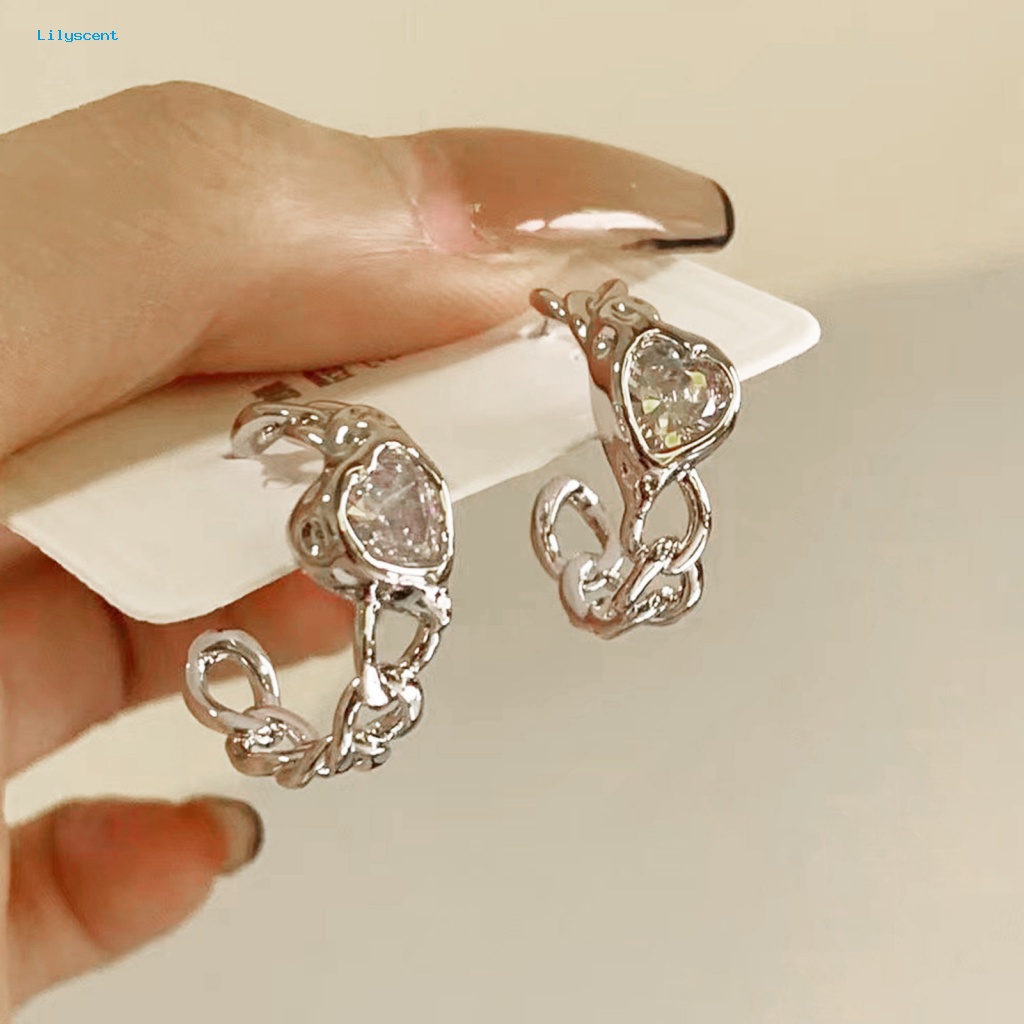 Lilyscent 1pasang Ear Studs Ringan Aksesoris Perhiasan Cinta Mengkilap Cubic Zirconia Klip Anting Rantai Berongga