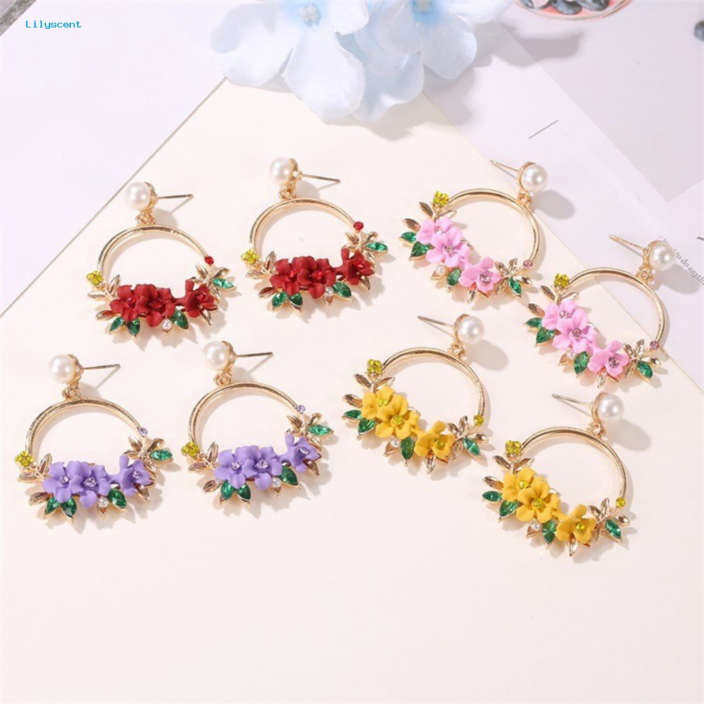 Lilyscent 1pasang Anting Pejantan Geometris Untuk Pakaian Sehari-Hari Liontin Bunga Manis Anting Hoop Perhiasan Gadis Mengkilap