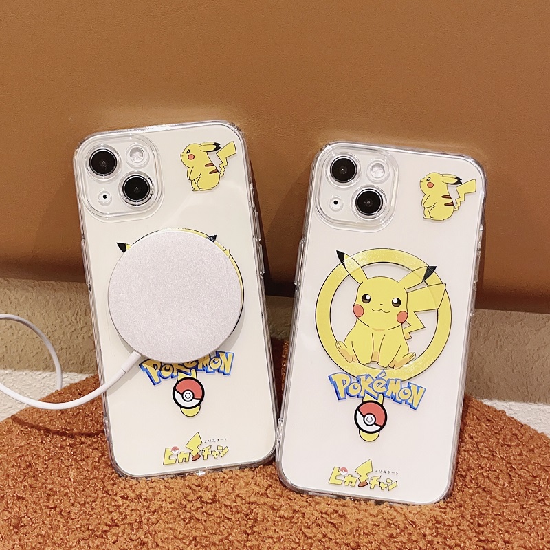 Untuk iPhone Casing charge Magnetik14 13 12 11 Pro Max Kartun Lucu Pikachu Transparan Soft case