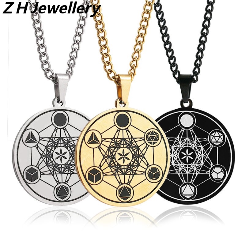 Z H Perhiasan Hip Hop Rock Stainless Steel Life Flower Metatron Life Angel Seal Solomon Liontin Pria Dan Wanita Fashion Baja Titanium Kalung Vintage Punk Aksesoris Pesta