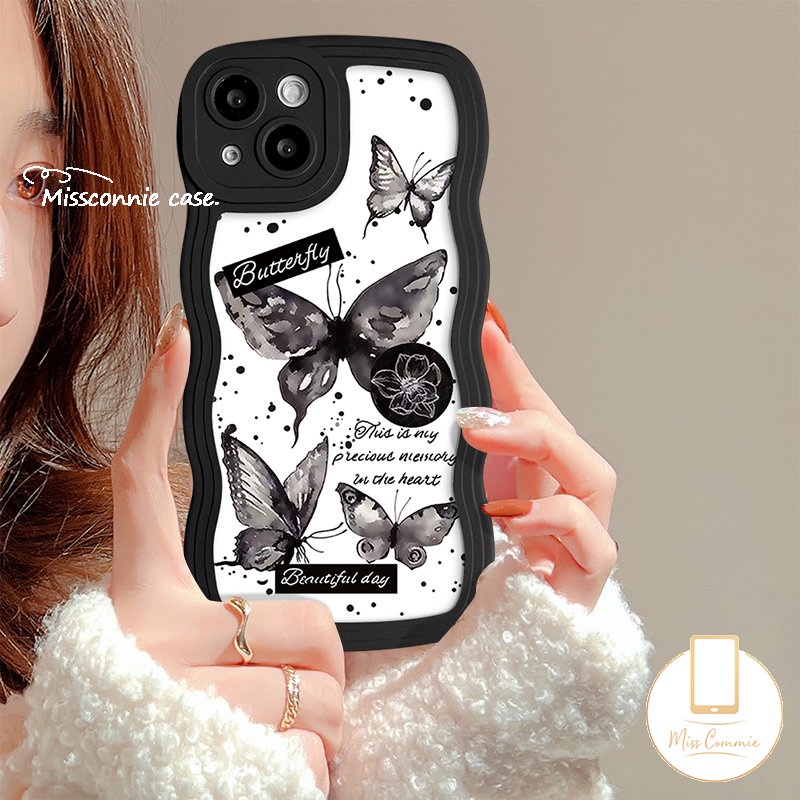 IPHONE Art Fashion Vintage Black Fantasy Flower Butterfly Case Kompatibel Untuk Iphone11 Pro Max 7Plus 13 11 14 12 Pro Max XR 6s 7 8 6 14 Plus X XS Max SE 2020 Wavy Edge Tpu Soft Cover