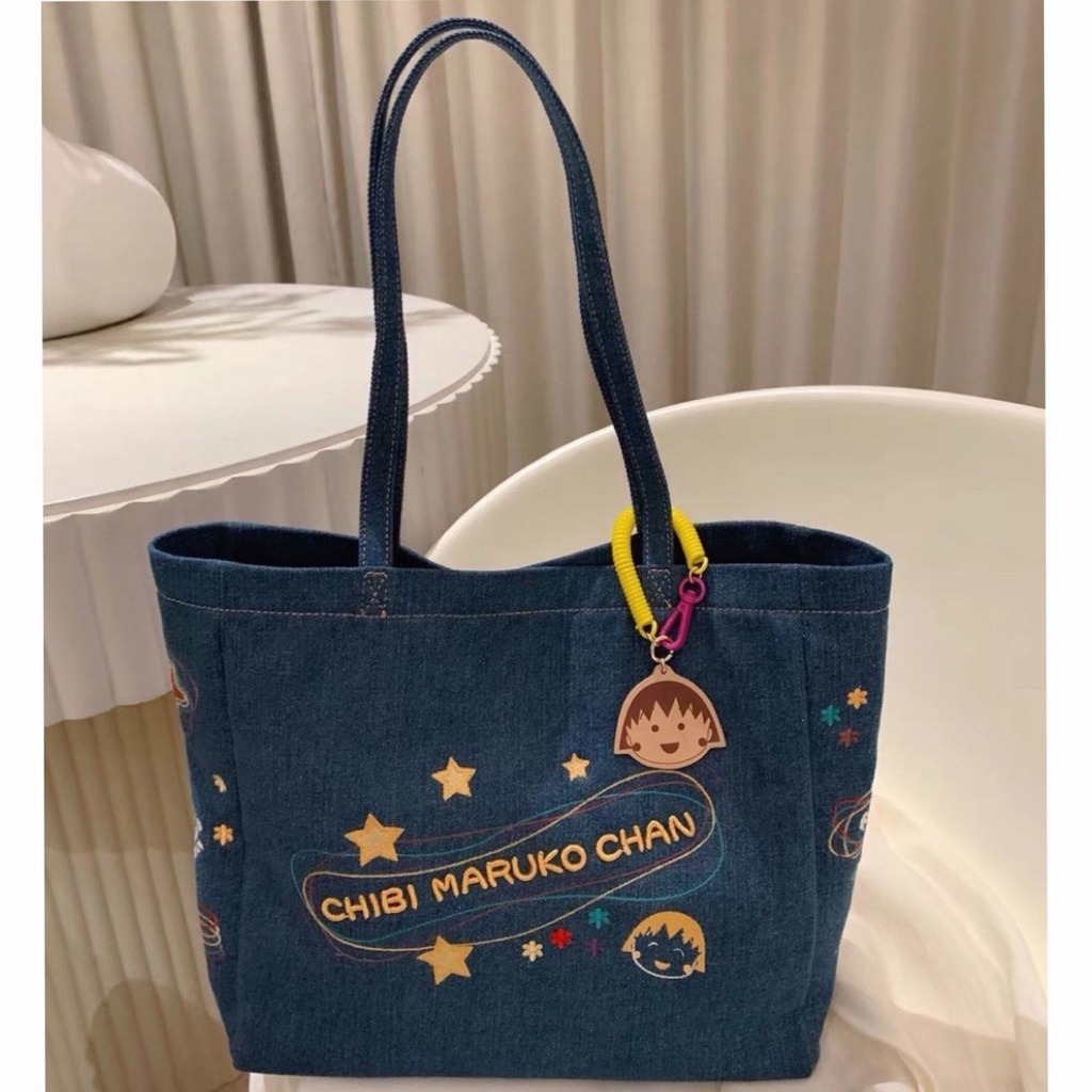 ☍Sera Dark Blue Galaxy Tote Bag 2022 Baru Kanvas Tas Wanita Kapasitas Besar Denim Tas Bahu Kecil Maruko Messenger Bag