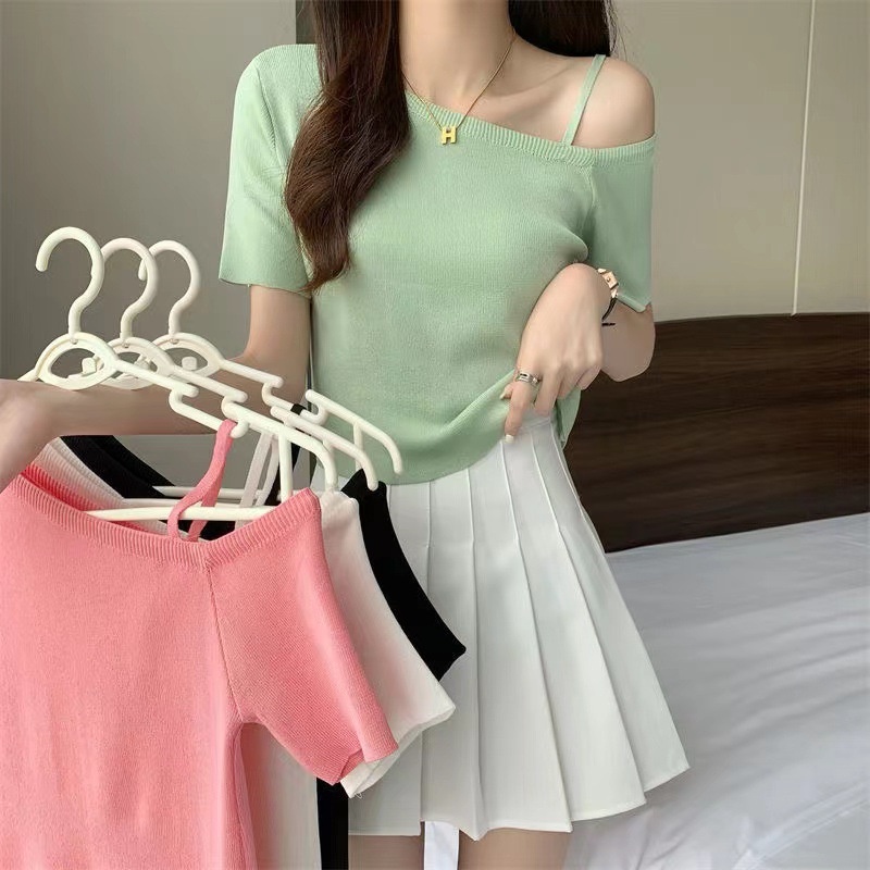 TELLY ➡️ BJ-029 Rajut Atasan import Wanita Gaya Korea Lengan Pendek Salur Rajut Kaos Wanita Bahan Icy Silk