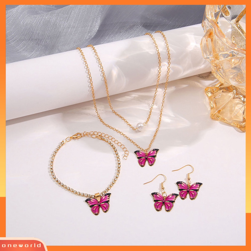 [ONE] 3 Pcs/Set Perhiasan Pesta Mutiara Imitasi Merah Muda Tua Kupu-Kupu Electroplating Jewelry Set Kalung Anting Gelang Wanita Aksesori