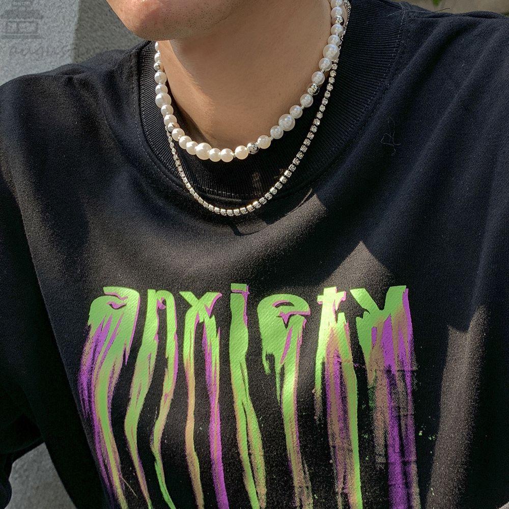 Agustina Pria Neckalce Shinny Unisex Mutiara Double-Layer Punk Berlian Imitasi Fashion Perhiasan