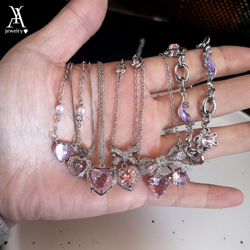 Ay (CN) Kalung Liontin Batu Permata Hati Manis Kristal Zirkon Salib Tulip Rantai Choker Untuk Aksesoris Perhiasan Wanita