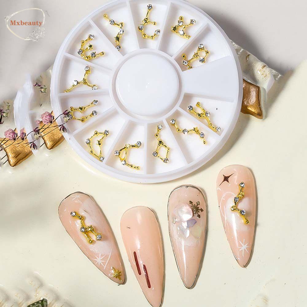 Mxbeauty 3D Dekorasi Kuku Emas Fashion 12rasi Bintang Strass Batu Kuku decals Alloy Hiasan Kuku