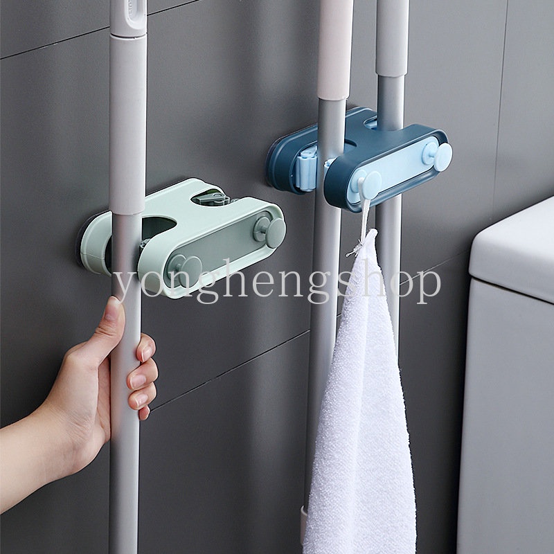 Kreatif Slot Ganda Klip Pel Bebas Pukulan Dinding Mop Holder Dengan Kait Sikat Sapu Gantungan Kait Multifungsi Rak Penyimpanan Organizer Kamar Mandi