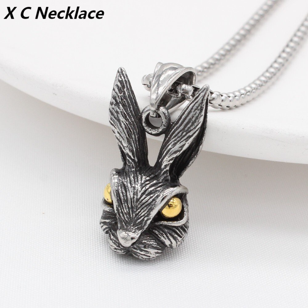 [X C Kalung] Hip Hop Punk Gothic Vintage Perak Titanium Steel Liontin Wanita Bulan Kucing Kelinci Kepala Kalung Rock Pesta Fashion Perhiasan