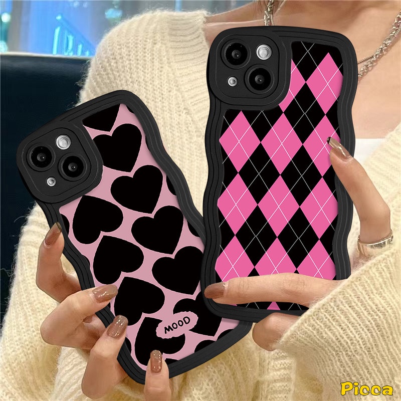 Case Redmi 12C 10A 10 9 A1 10C A1+9T 9A 9C NFC Redmi Note11 8 9 11s 10 9s 10s 10 Pro Max Mi 11T Pro POCO M3 X3 NFC Pro Ins Love Heart Chessboard Diamond Grid Lembut Sarung Tepi Wavy