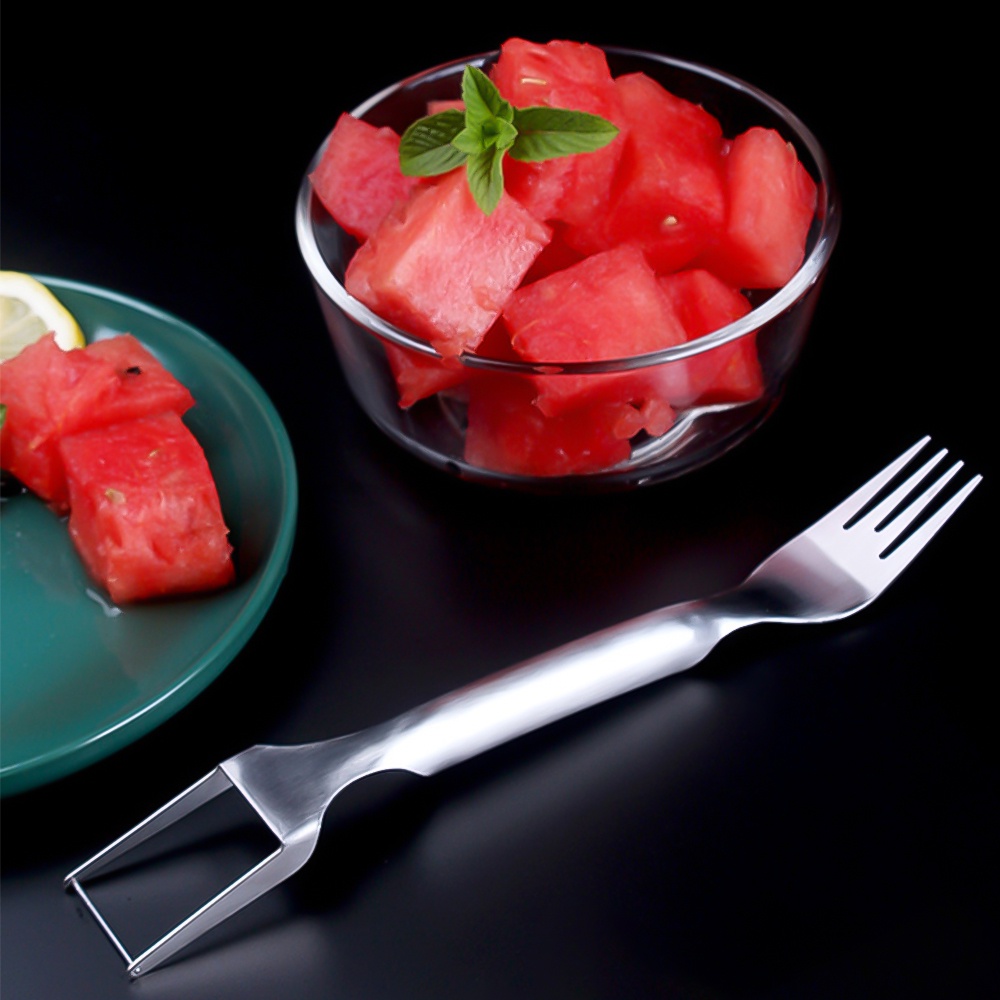 Pemotong Jelly Keju Cepat 2in1 Stainless Steel Garpu Buah Kue Dessert Salad Cabang Meratakan Semangka Blok Slicer Peralatan Makan Pub Dapur Kreatif