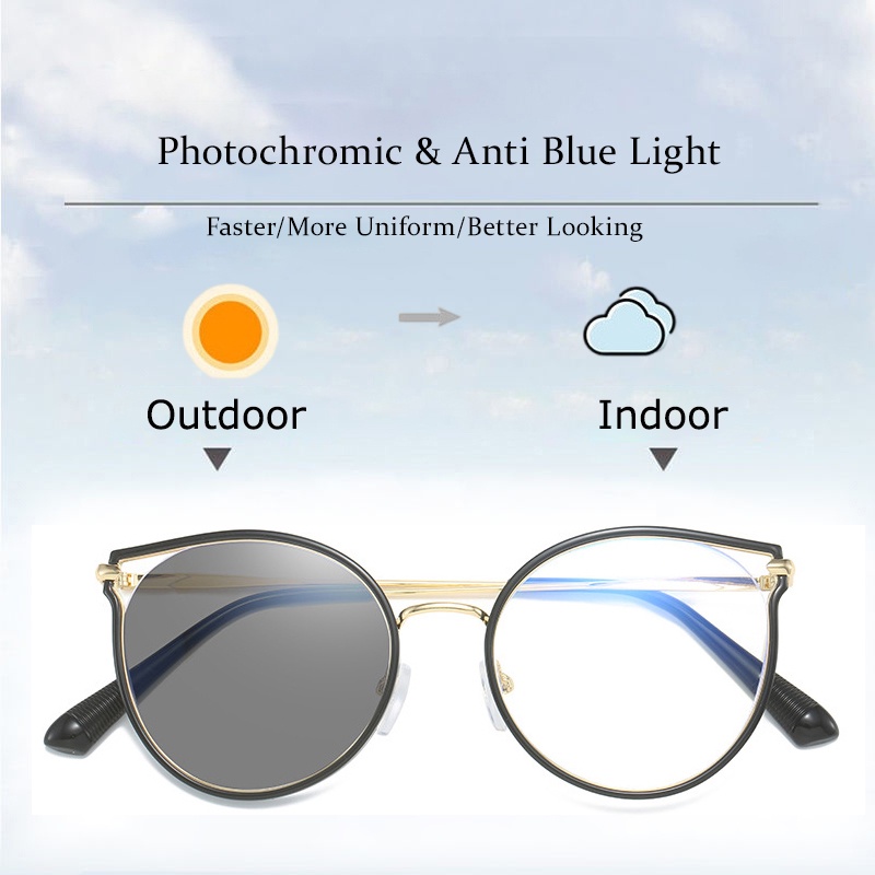 Ins Kacamata Anti Radiasi Photochromic Cat Eye Untuk Wanita Pria Frame Hollow Ringan