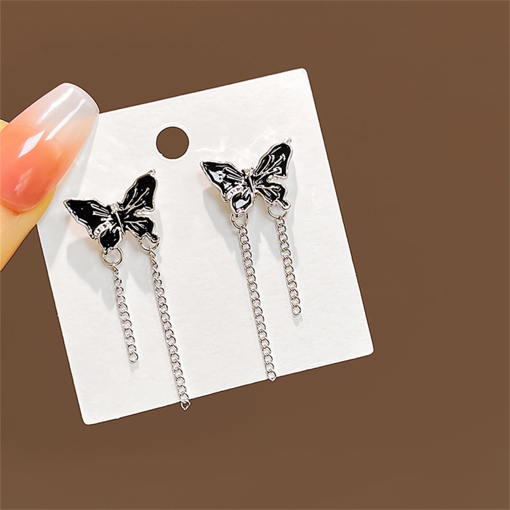 Ins Hitam Kupu-Kupu Rumbai Anting Gadis Keren Vintage Unik Studs Earring Perhiasan Aksesoris