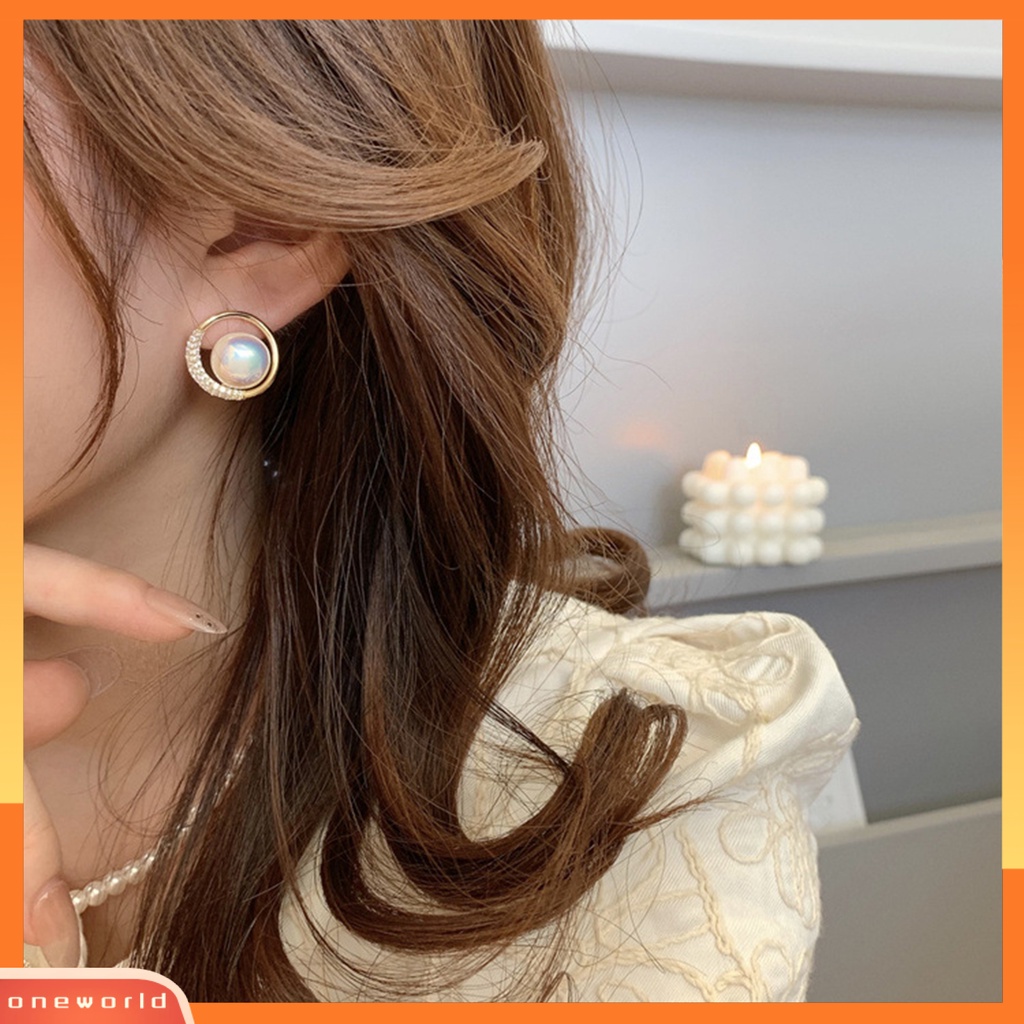 [EONE] 1pasang Anting Hoop Glitter Bulat Telinga Dekorasi Temperamen Elegan Mutiara Imitasi Berlian Imitasi Ear Studs Untuk Perjamuan