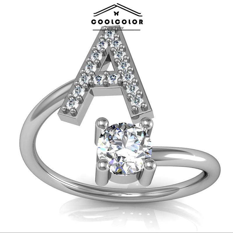 COD❤️Cincin Model Terbuka Desain 26 Huruf Bahan Alloy Aksen Berlian Imitasi Untuk Wanita- cl