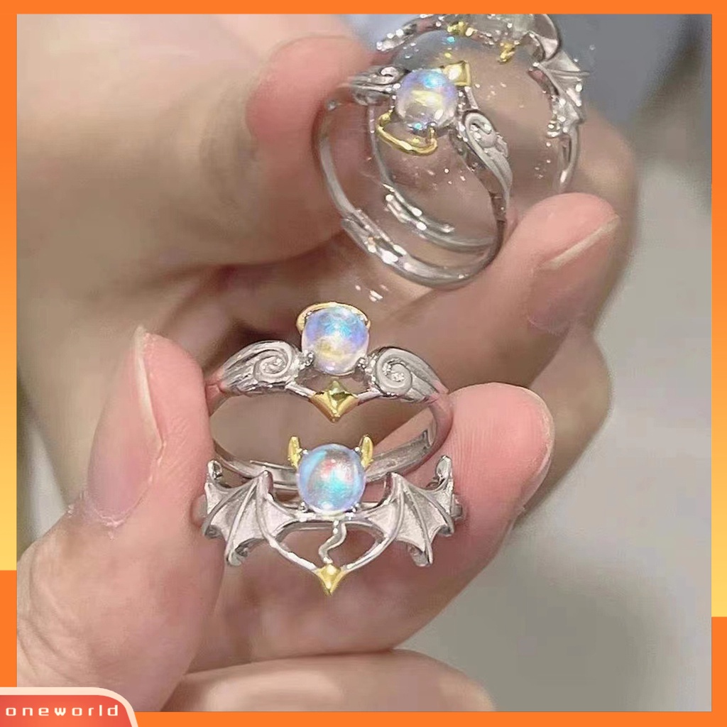 [EONE] Cincin Pasangan Pembukaan Adjustable Pria Wanita Bersinar Faux Moonstone Finger Ring Untuk Pernikahan