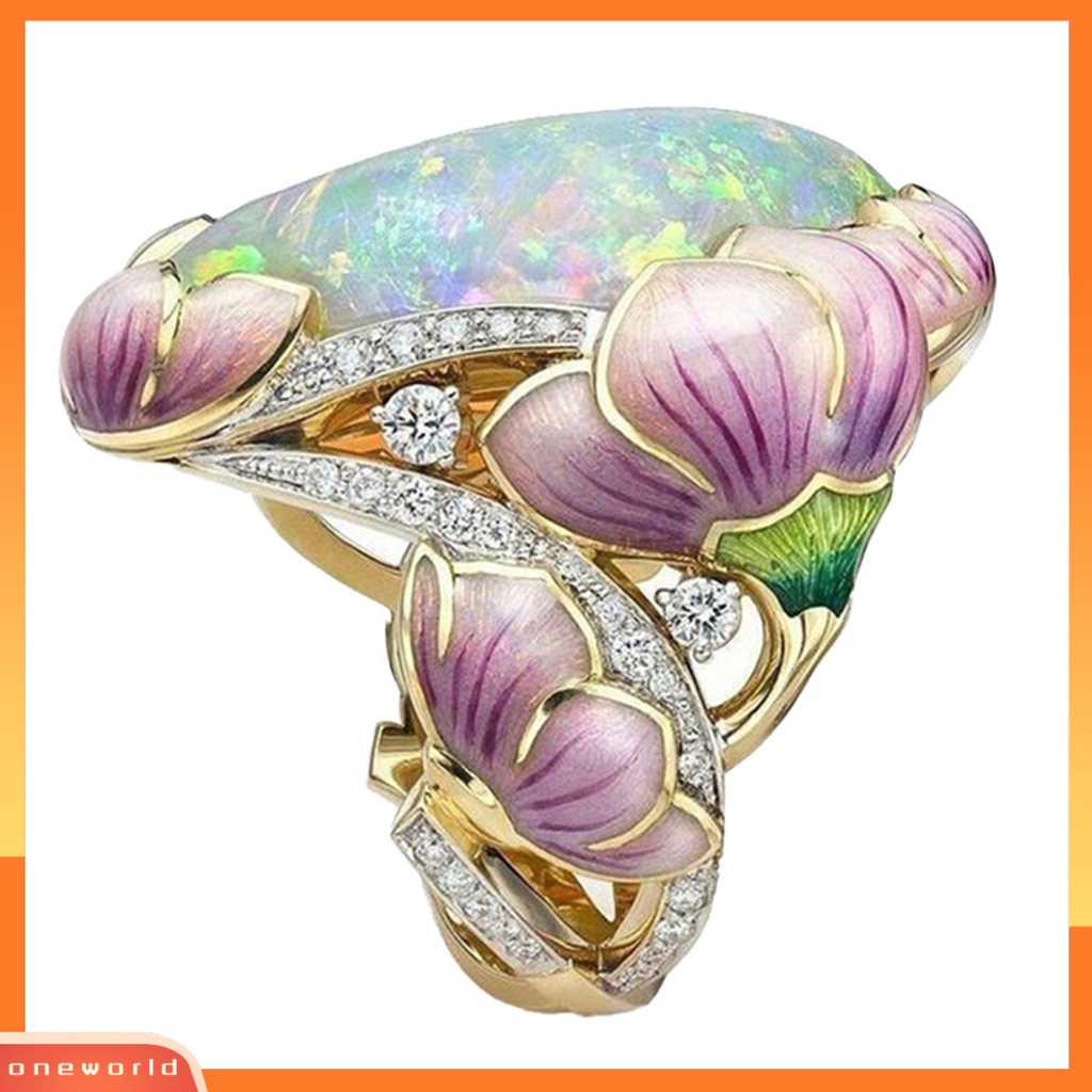 [EONE] Wanita Cincin Gaya Retro Imitasi Opal Berlian Imitasi Bertatahkan Elegan Berwarna Enamel Bunga Jari Cincin Aksesoris Perhiasan