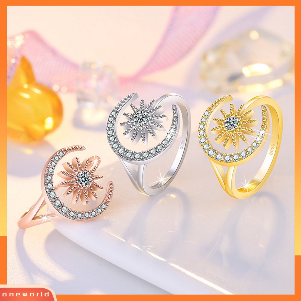 [EONE] Wanita Cincin Pembukaan Geometris Dainty Elegan Temperamen Hadiah Berlian Imitasi Tertanam Bintang Bulan Jari Cincin Aksesoris Perhiasan