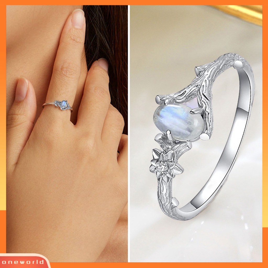 [EONE] Wanita Cincin Batu Alam Warna Perak Ukiran Pohon Cabang Bunga Vintage Faux Moonstone Bertatahkan Jari Cincin Fashion Perhiasan