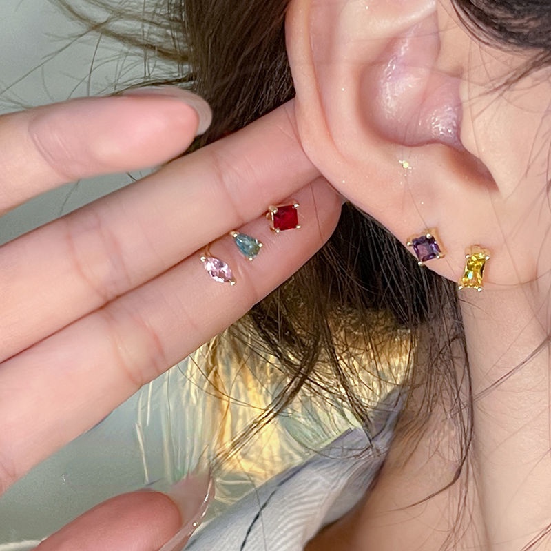 5pcs/lot Anting Stud Telinga Geometris Berwarna Zirkon Harian Mini Lucu Untuk Wanita Perempuan