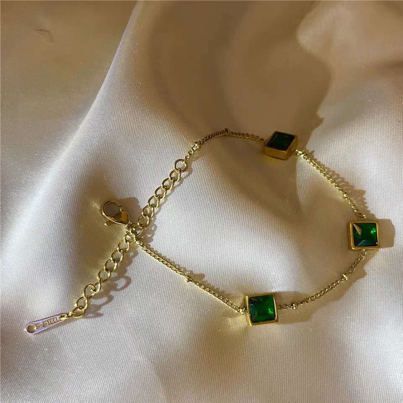 GROSIR Gelang tangan tiga zircon hijau titanium stainless steel 316L import berkualitas anti karat bisa bayar di tempat COD