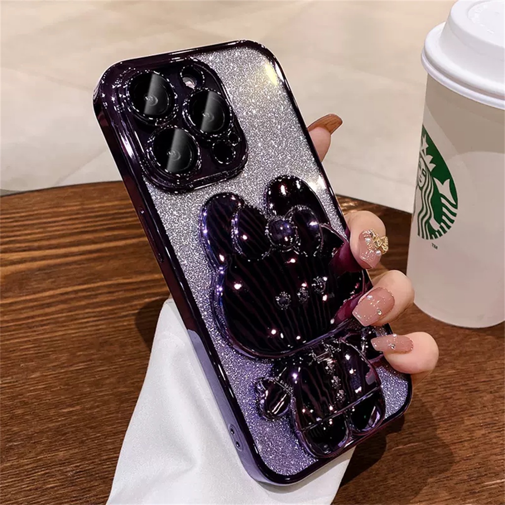 Casing Lensa Perlindungan Kamera Mewah iPhone 14 Pro Max Plus Case iPhone 12 13 Pro Max 11 Pro Max Case Dengan stand Lucu Kartun Cermin Perlindungan shock TPU Lembut Penutup Belakang