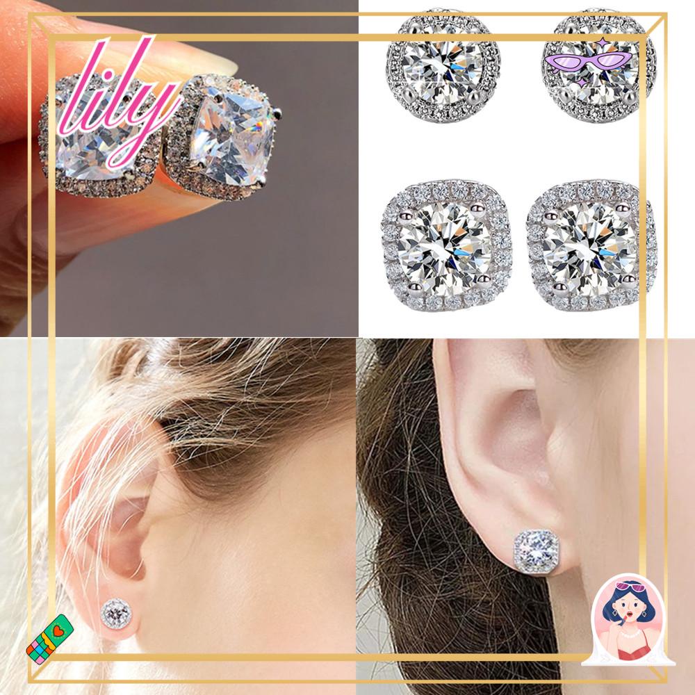 Lily Crystal Stud Earrings Fashion Jual Panas Perhiasan Pernikahan Mewah Bulat Persegi Batu Zircon