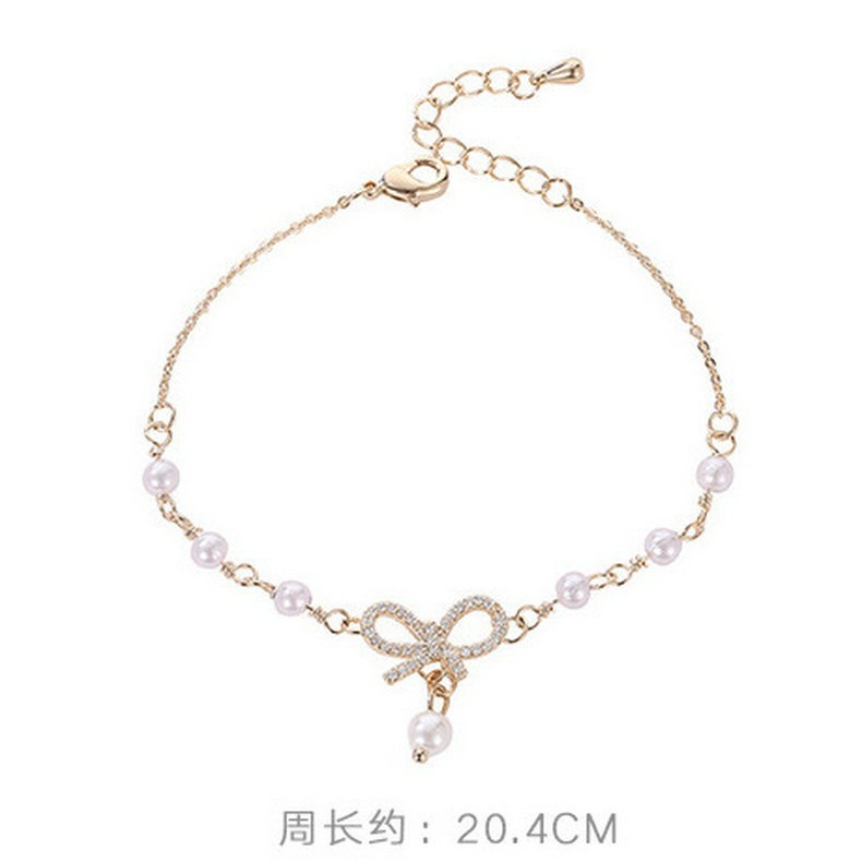 Ifyou Gelang Mutiara Gelang Liontin Busur Kristal Emas Untuk Wanita Aksesoris Fashion Perhiasan