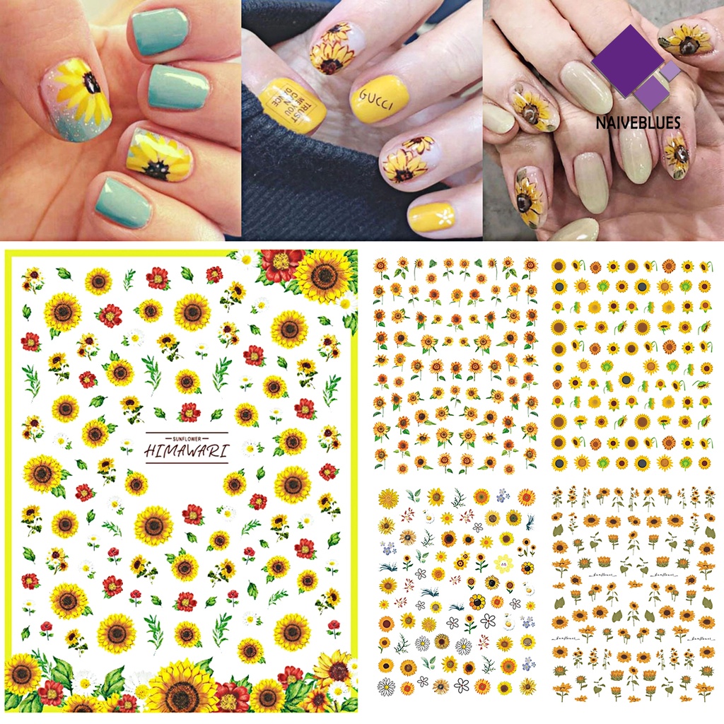 [naiveblues] Stiker Kuku Bentuk Bunga Matahari Efek 3D Ultra Tipis Floral Nail Art Decals Untuk