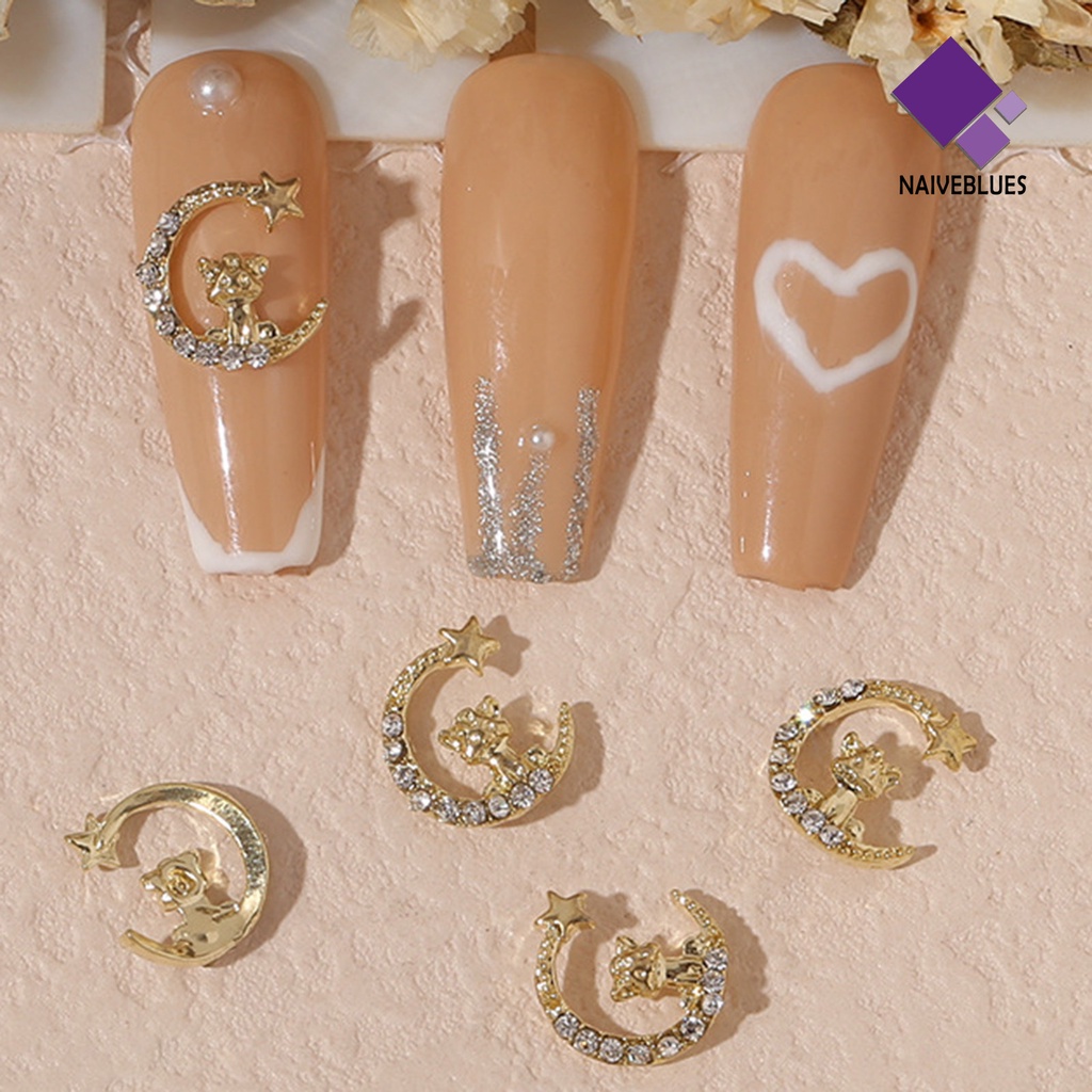 [naiveblues] 10pcs Manicure Decor Tiga Dimensi Bersinar Berkilau DIY Mutiara Tahan Karat Emas Hati Berlian Palsu