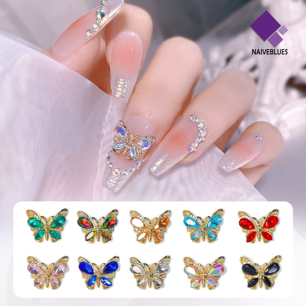 [naiveblues] 10pcs Hiasan Kuku Bersinar Mudah Tempel Tiga Dimensi Hidup DIY Berkilau Kupu-Kupu Pesona Manicure