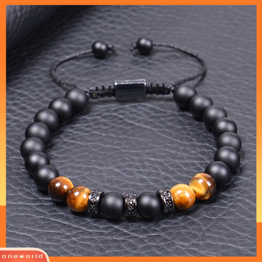 [EONE] Pria Gelang Handmade Tali Dikepang Vintage Adjustable Serut Hias Aksesori Tiger Eye Men Bracelet Aksesori Pakaian