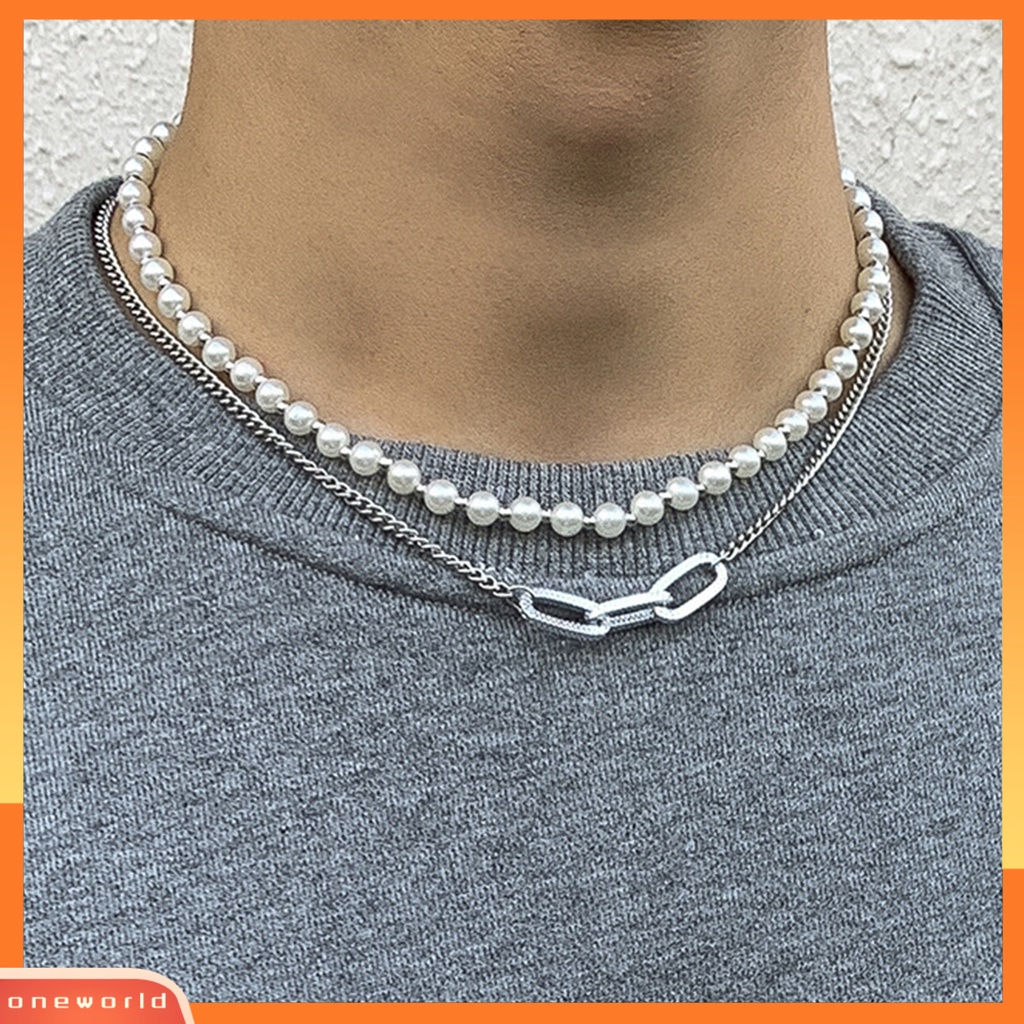 [EONE] Pria Kalung Hias All-match Double-Layered Geometris Mutiara Imitasi Choker Necklace Untuk Pakaian Sehari-Hari