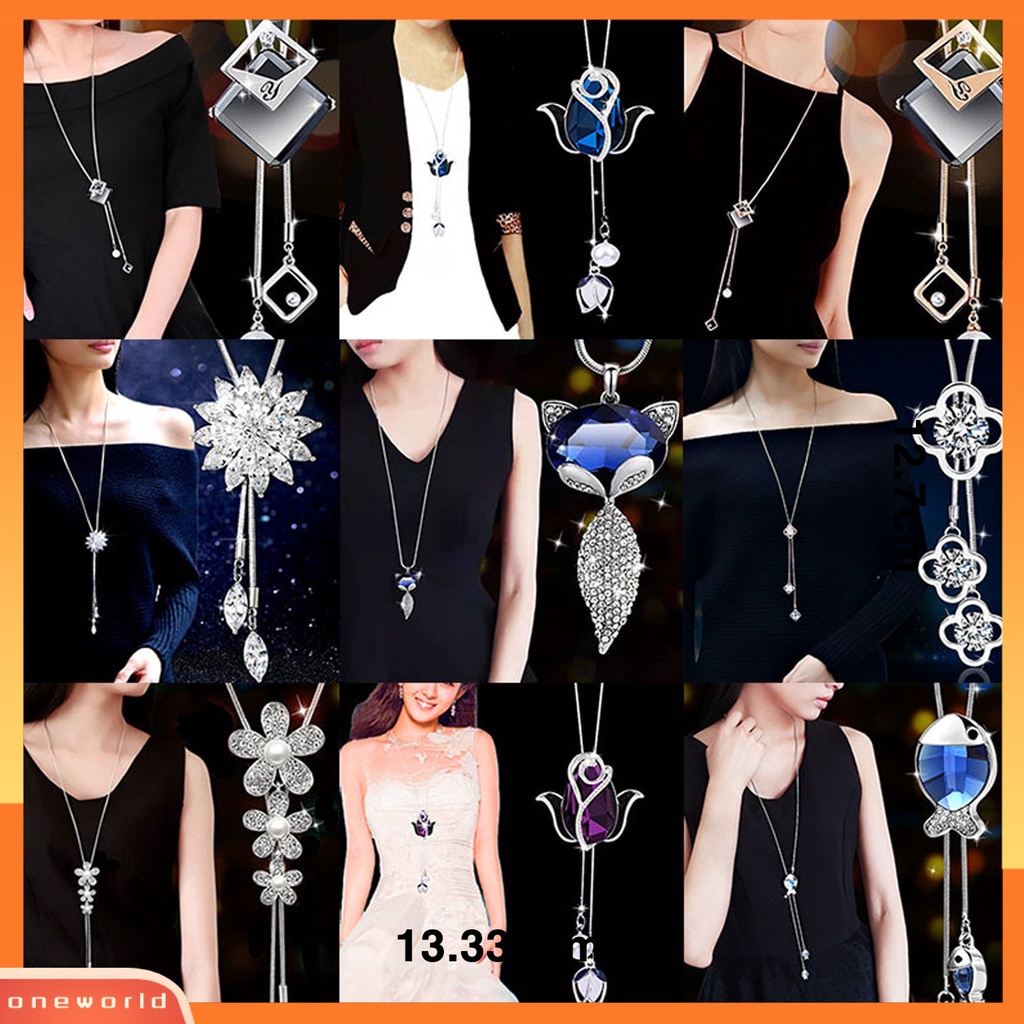 [EONE] Wanita Kalung Berlian Imitasi Bersinar Hias Tulip/Bunga Mawar Angsa/Busur Rumbai Pesona Dress-Up Beberapa Gaya Sweater Panjang Rantai Gaun Pesta Kalung Perhiasan Hadiah