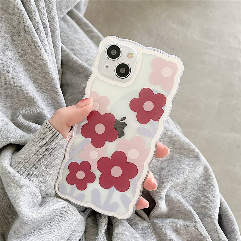 【INS Wave】Red Pink Flower Soft TPU Case HP iP iPhone 11 12 13 14 Pro Max 7 8 + Plus SE 2020 X XS XR Max Girl Woman Clear FTD Casing Apple