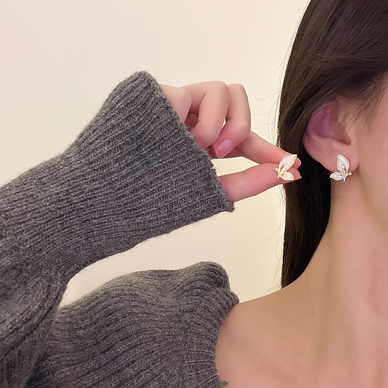 Korea S925 Peri Indah Anting Kupu-Kupu Putih Murni Ear Studs Untuk Gadis Manis