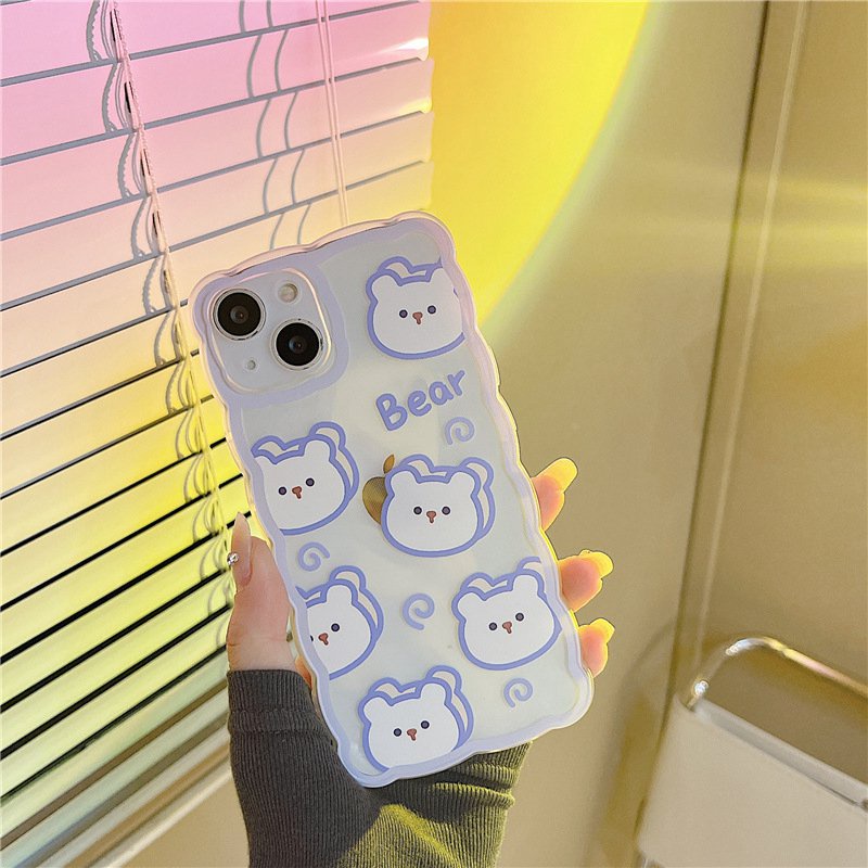 【INS Wave】Blue Line Bear Head Soft TPU Case HP iP iPhone 11 12 13 14 Pro Max 7 8 + Plus SE 2020 X XS XR Max Girl Woman Clear FTD Casing Apple