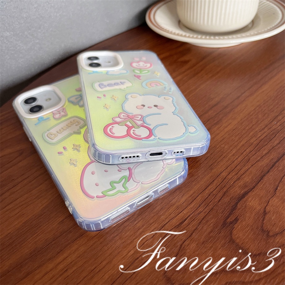 Compatible For IPhone 14 13 12 11 Pro Max X XR Xs Max 8 7 Plus SE 2020 Kompatibel Untuk Cute Little Bear Rabbit IMD Laser Gradient Phone Case TPU Lembut Shockproof Cover Pelindung