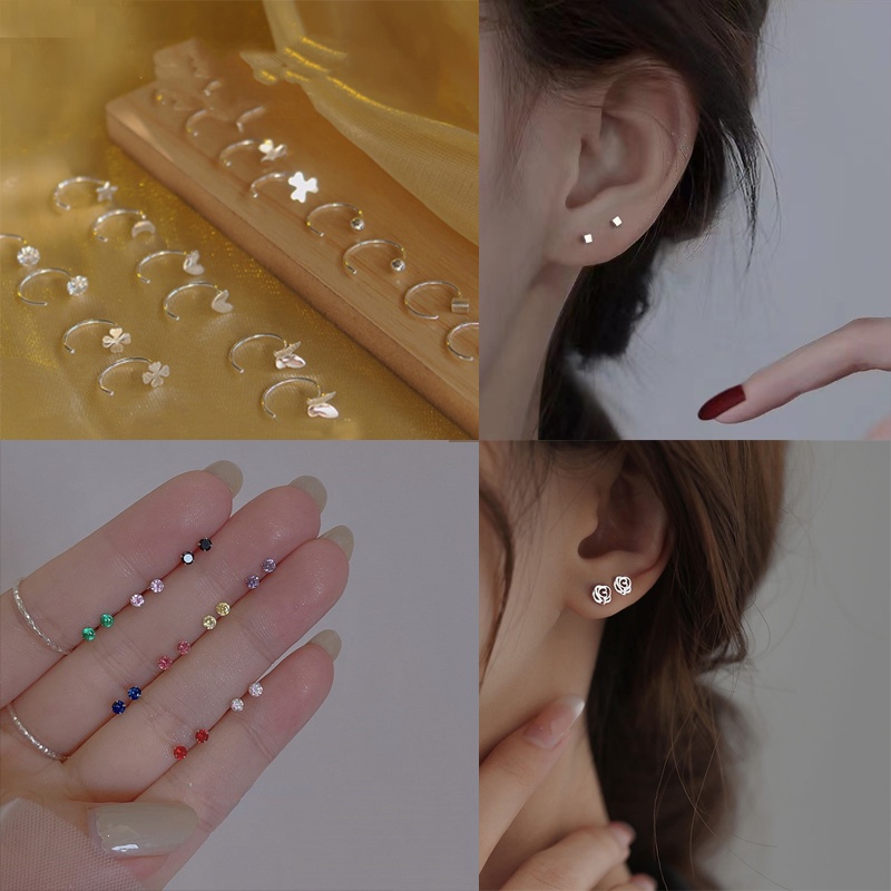 Indah S925 Perak Anting Hoop Ear Stud Ear Stick Ear Bone Paku Gesper Anting