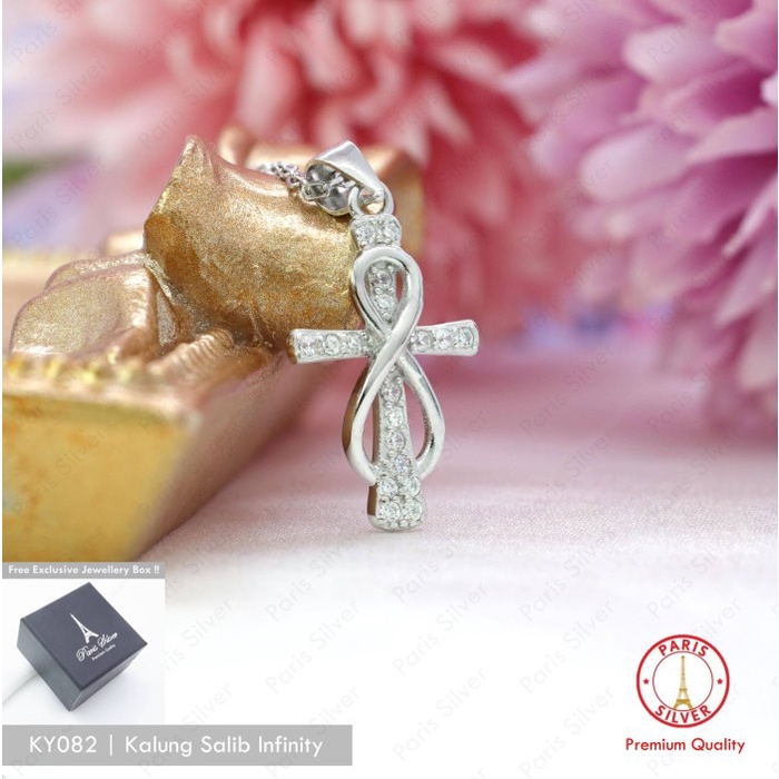 Kalung Salib Infinity Perak Asli Silver 925 Lapis Emas Putih Wanita Cewek Salip Eternity