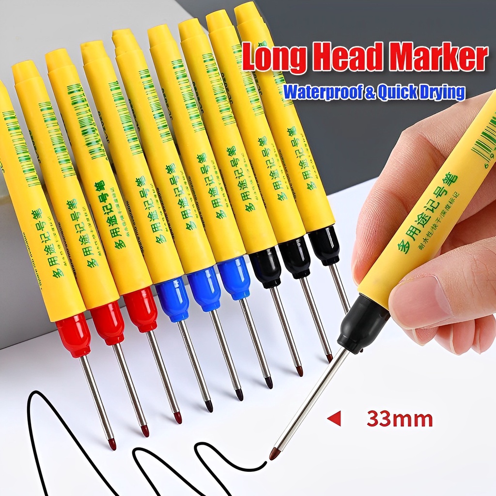 33mm Merah/Hitam/Biru Tinta Panjang Kepala Penanda Lubang Dalam/Multifungsi Tahan Air Cepat Kering Woodworking Marker Pen/Ubin Keramik Lantai Ubin Alat Menulis