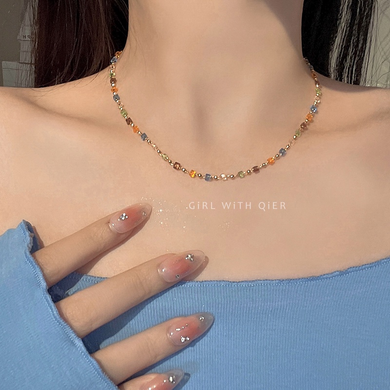 Kalung Manik-Manik Kristal Warna-Warni Untuk Wanita Fashion Rantai Emas Choker Perhiasan Aksesoris