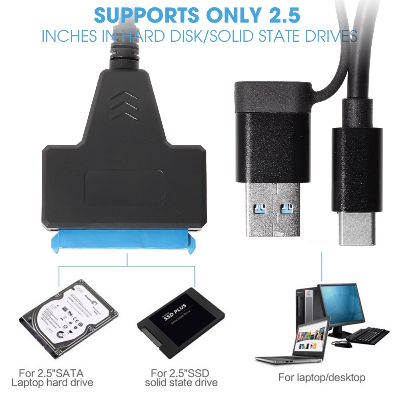 Kabel Data Portable SATA Ke USB Type-C Dual Ports/Kabel Adaptor Hardisk Eksternal 2.5 Inchi/Kabel Sambung SSD Handphone Komputer