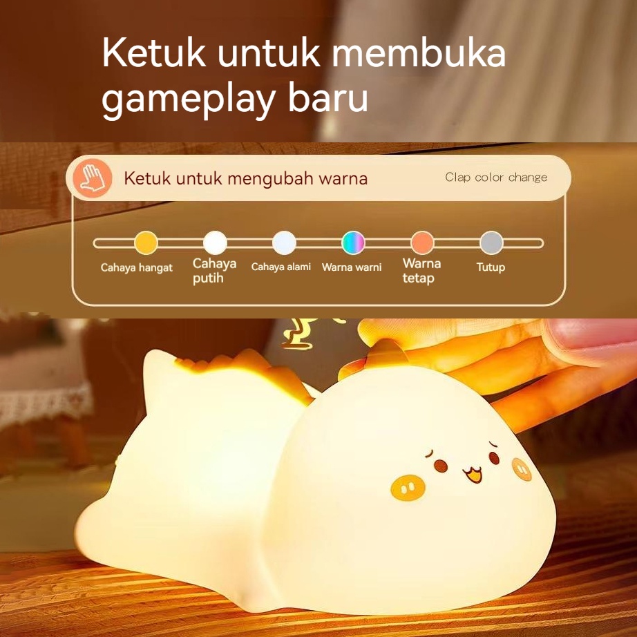 【Debora Mall】LED  Lampu Malam Lucu USB Isi Ulang Warna-warni Pat Lampu Lucu Sentuhan Hewan Silikon Lembut Dimmable Lampu tepuk tangan anak-anak dinosaurus unicorn