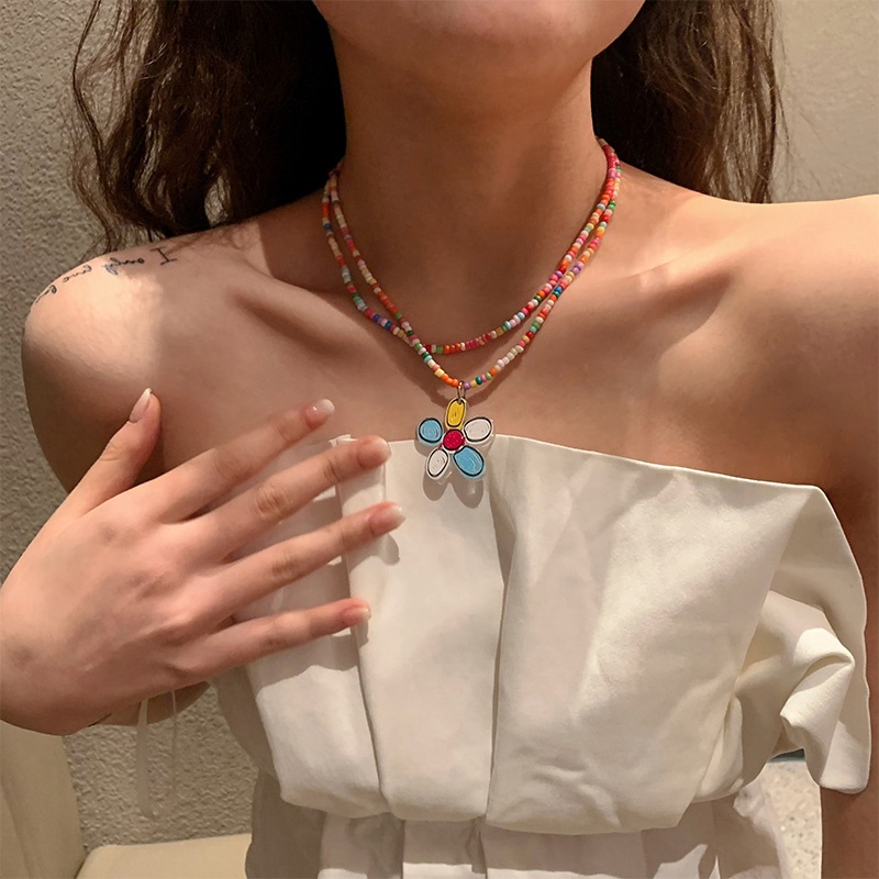 Roselife Y2K Double Layer Colorful Beads Chain Butterfly Sunflower Pendant Kalung Untuk Wanita Perempuan Musim Panas Fashion Rainbow Butterfly Floral Necklaces Liburan Perhiasan